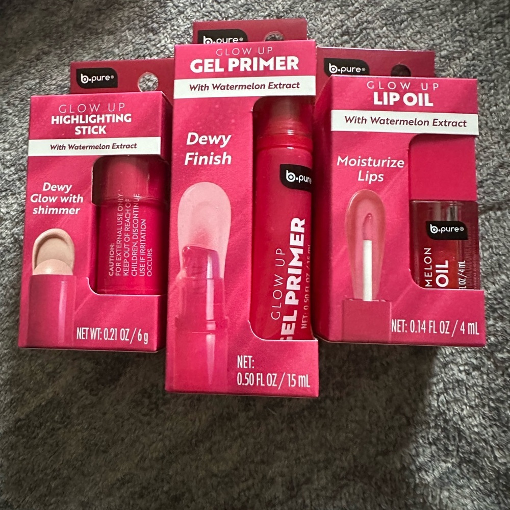 B pure Watermelon Glow Up Collection Set Highlighter Gel Primer Lip Oil